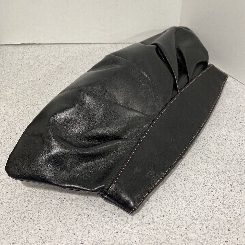 Vintage Y2K Fossil Black Leather Clutch Purse Metal Frame Satin Lining Topstitch - Picture 4 of 10